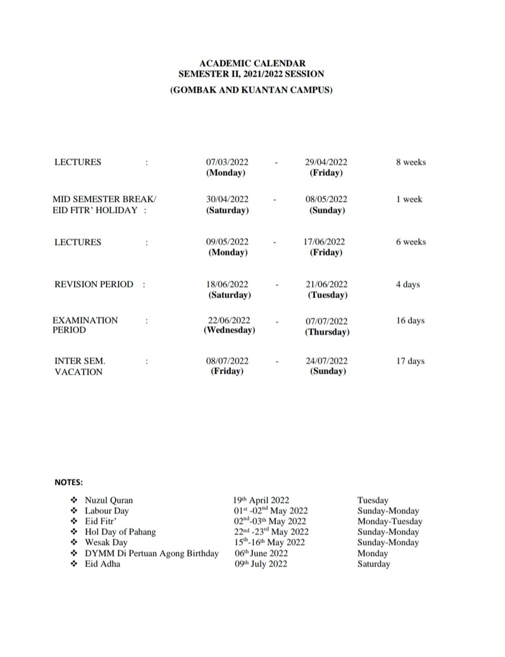 Updates on Academic Calendar 20212022 IIUM Today